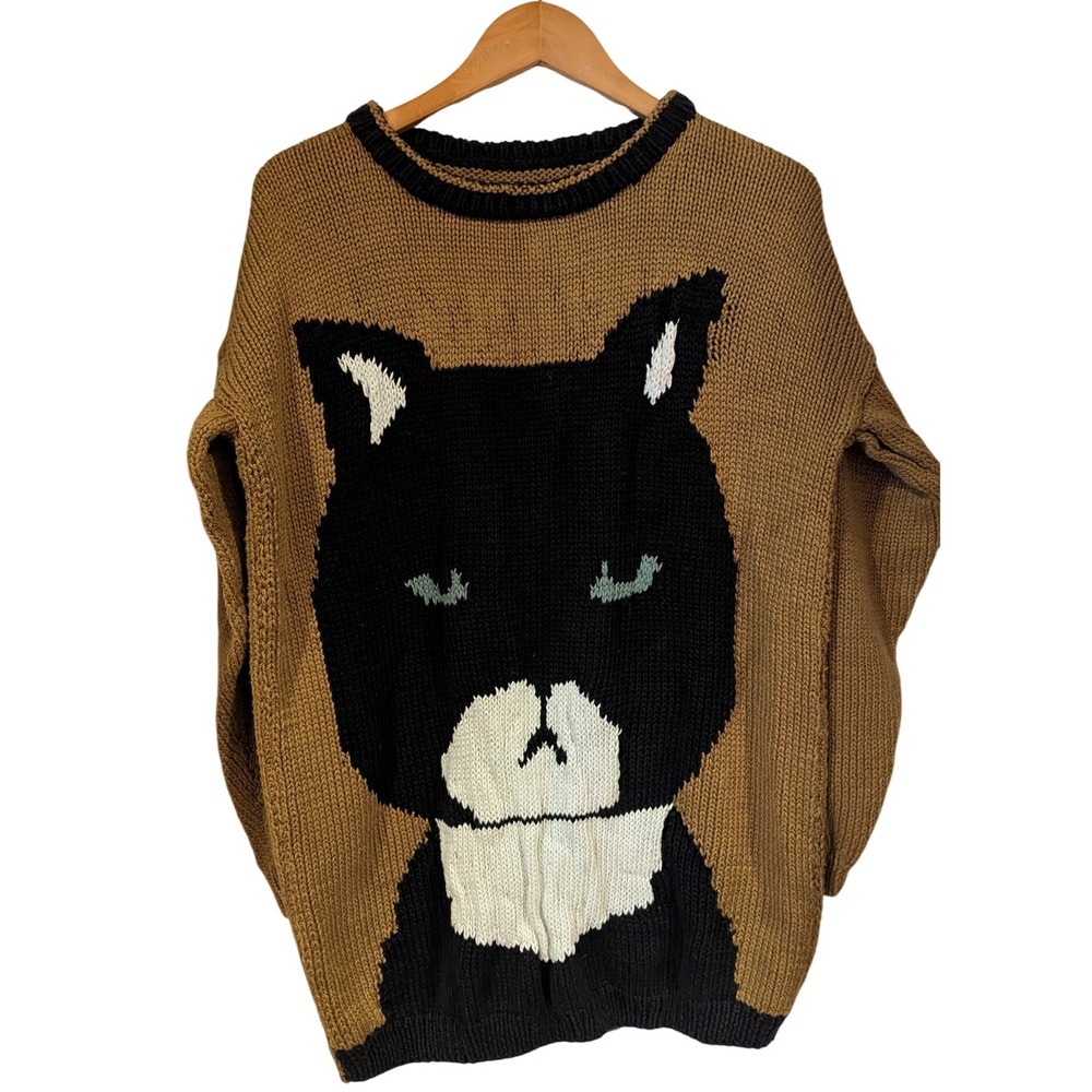 Unbranded Cat Intarsia Sweater One Size Tan Black Oversized Chunky Knit Funky